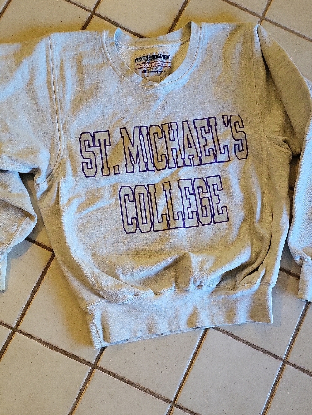 Champion Gray Crewneck Sweatshirt with Purple Lettering. Vintage, Authevtic